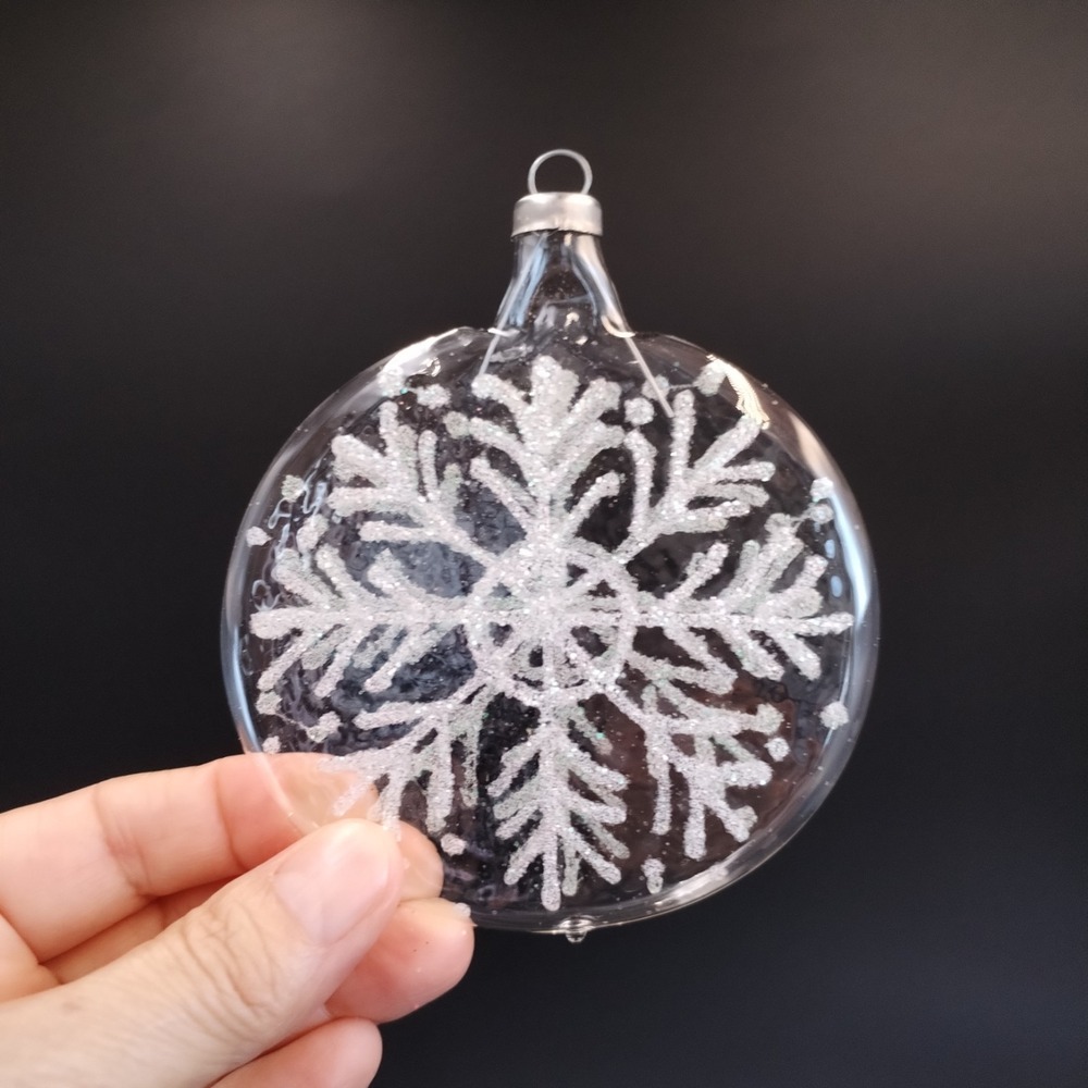 Set of 4 Handblown Glass Snowflake Ornaments Michoacan Mexico Clear Disc Flat